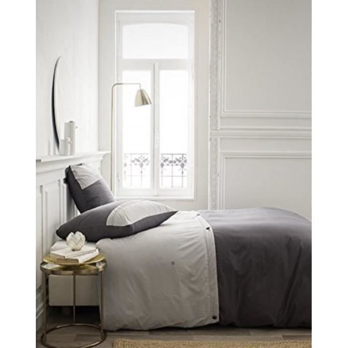 Alpes Blanc Housse de Couette Bicolore Percale 240x260 Chantilly Zinc