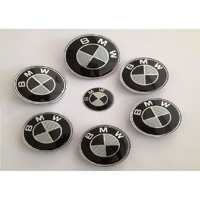 KIT 7 Badge Embleme LOGO BMW Carbone - Capot82mm +Coffre82mm+ Volant + 4 68mm Cache Jante