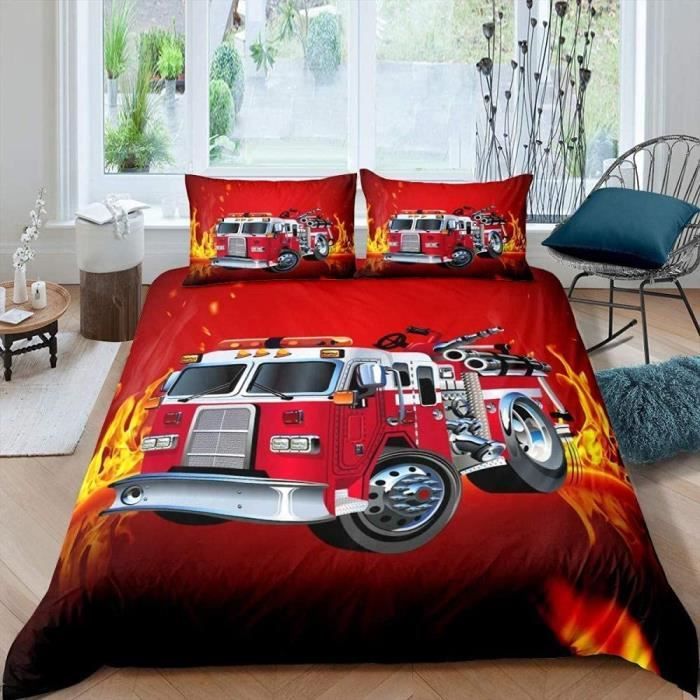 Housse de Couette Camion de Pompiers Rouge 140x200 cm - Linge de Lit avec Fermeture Éclair