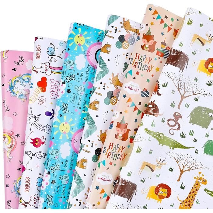 Papier Cadeau Noël Kraft 6 Feuilles 70x50 Cm + Autocollants - Motifs Flocons, Rennes, Sapins