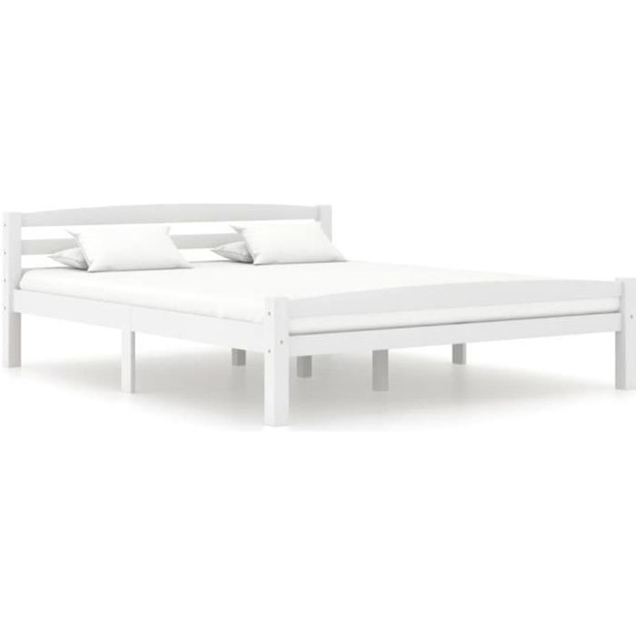 257®EXE Lit Adulte BONNE - 2 Places Blanc Bois de pin massif 160x200 cm Cadre de lit Sommier Inclus
