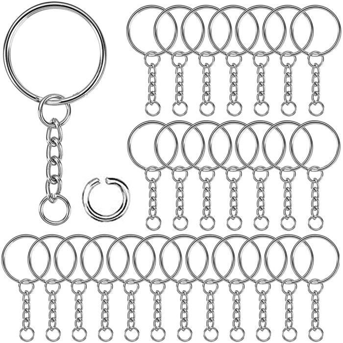 100 Anneaux Porte-clés 25mm Avec Chaînes - Argent - DIY, Bijoux, Bricolage - Lot économique