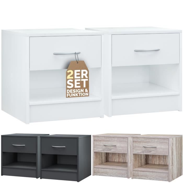 CASARIA® 2x Table de chevet Blanc avec tiroir Table de nuit mobilier avec poignée en aluminium 41x39x28cm Chambre à coucher
