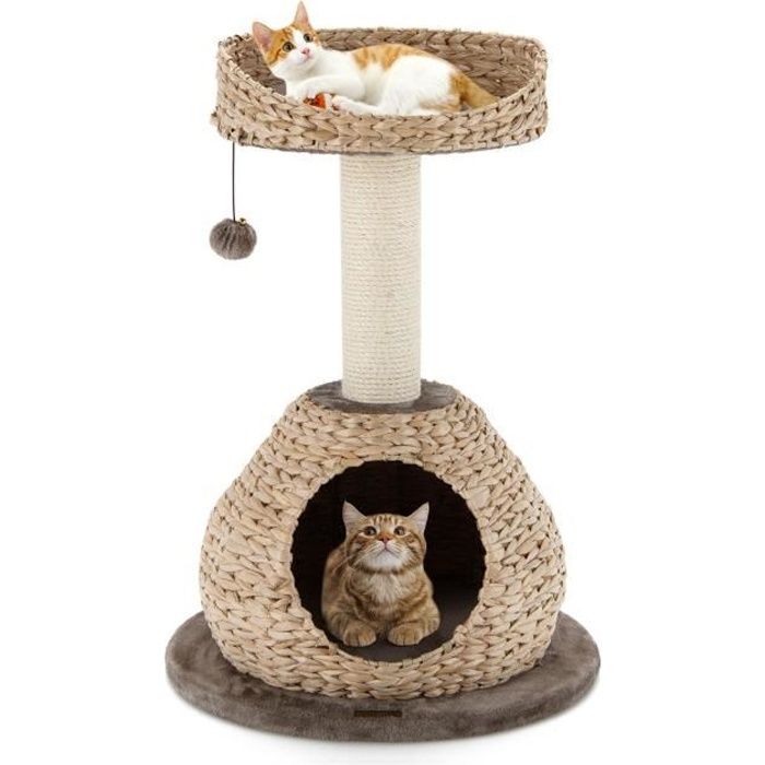 Costway Arbre À Chat, H 70,5 Cm, Avec Griffoir, Niche Et Pompon Suspendu, Centre D'activités Pour Chat Et Chaton, Naturel Et Café