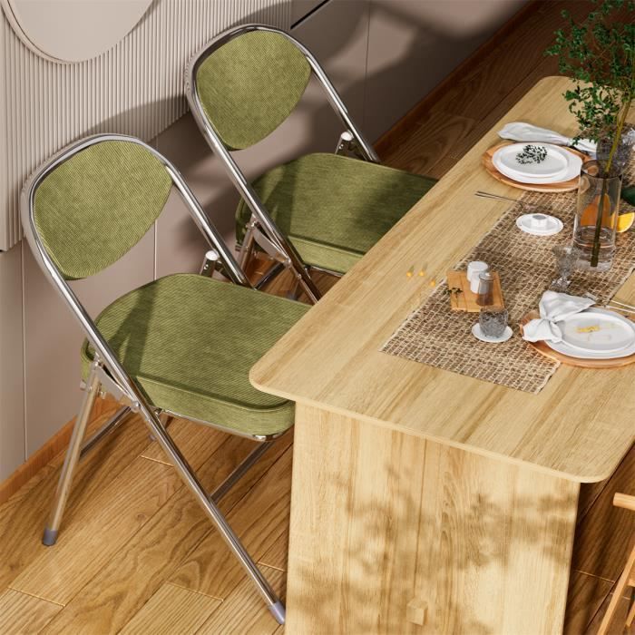 Lot de 2 Chaises de salle à manger pliantes Chaises de salle à manger en tissu doux et structure en acier 40 x 40 x 80 cm verte
