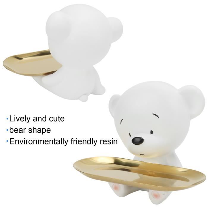 Figurine Ours Mignon Avec Plateau De Rangement – Statue Ours Décorative En Résine Blanc & Or Pour Clés, Bijoux, Bougies – Déco Salon, Bureau, Chambre
