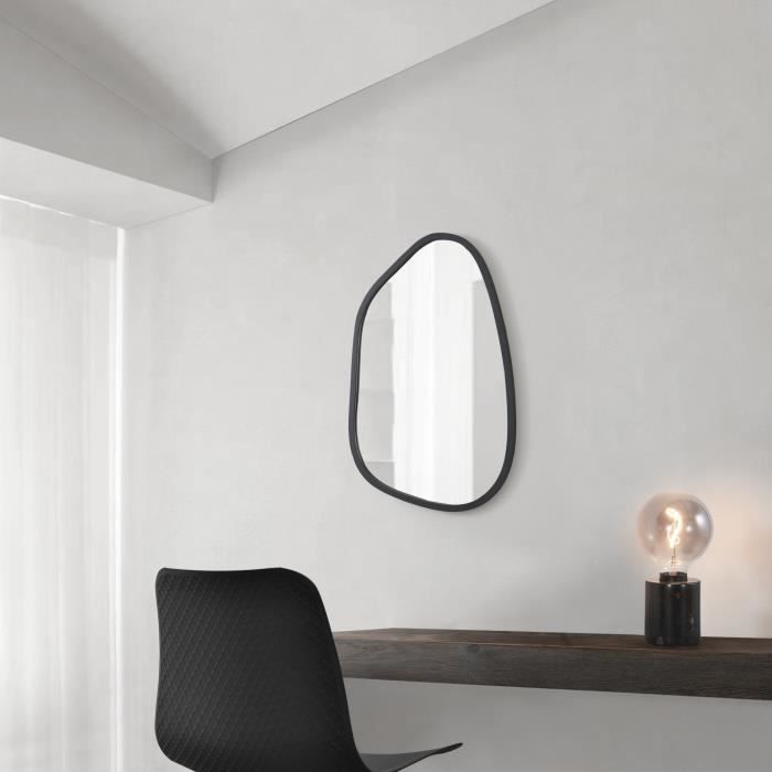Miroir Mural Design Asymétrique 66x96cm - Noir - Verre Incassable - Pour Salon, Salle De Bain, Entrée - Déco Moderne