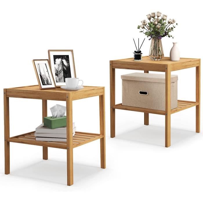 GIANTEX Lot de 2 Tables de Chevet à 2 Étages en BambouTable d’Appoint L40 x l40 x H45cmpour Chambre à