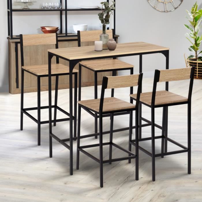 idmarket ensemble table haute de bar detroit 100 cm et 4 chaises de bar design industriel