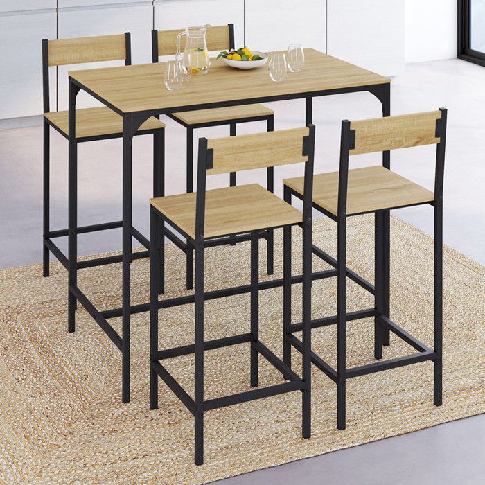 IDMARKET Ensemble table haute de bar DETROIT 100 cm et 4 chaises de bar design industriel IDMARKET Ensemble table haute de bar DETROIT 100 cm et 4 chaises de bar design industriel