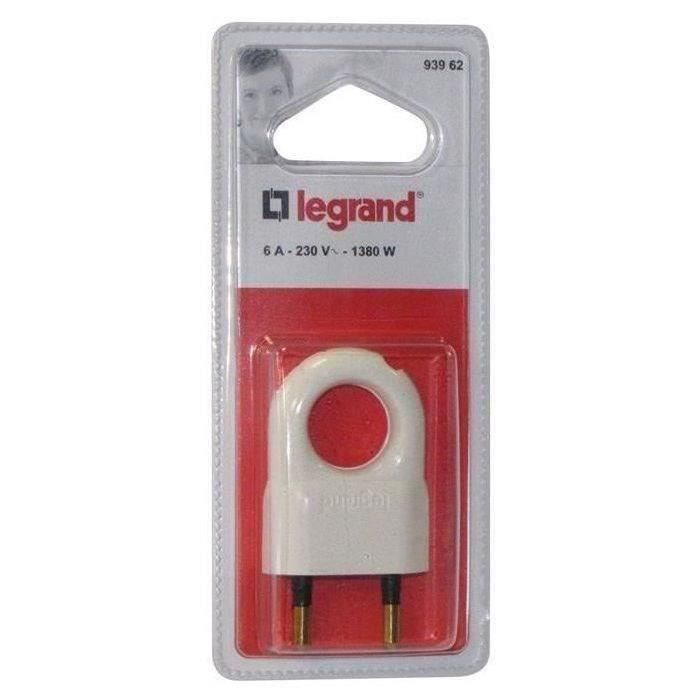 Fiche mâle plate en plastique - 2 phases - 6 A - blanc