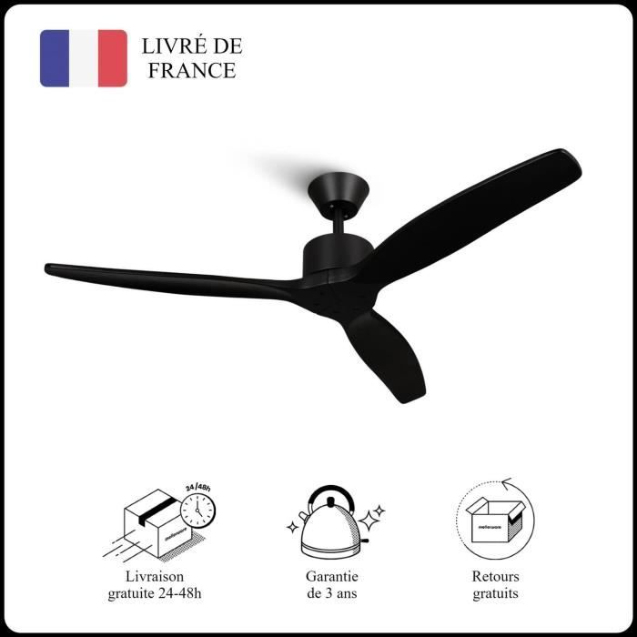 Mellerware - Ventilateur de plafond avec télécommande Brizy! Bright 45W Silencieux 3 lames 132cm 6 vitesses Noir - Mellerware