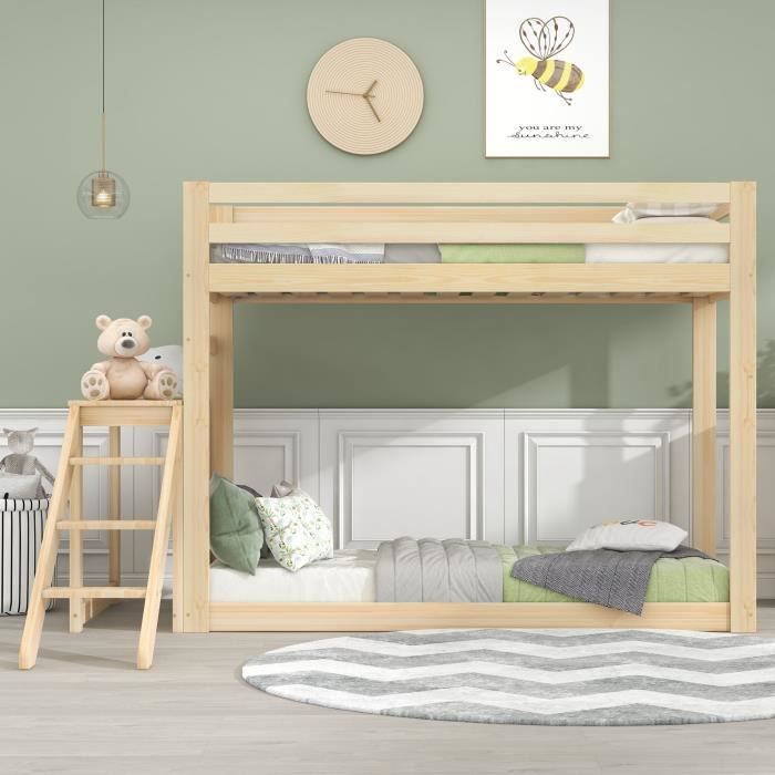 Merax Lits superposés 2x90x200cm en bois de pin pour 2 enfants, Sommier à lattes inclus, Protection de sécurité, Naturel