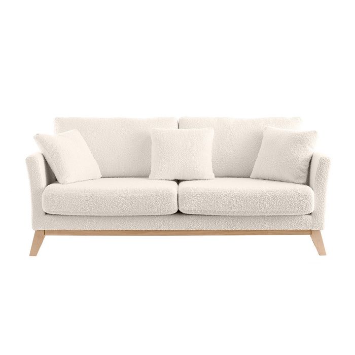 Miliboo - Canapé scandinave déhoussable 3 places en tissu effet laine bouclée blanc cassé et bois clair OSLO