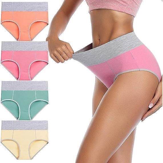 Culotte Taille Haute Gainante Femme Ventre Plat Coton Grande Taille Couleur ContrasteE Triangle Culotte 4 Pcs