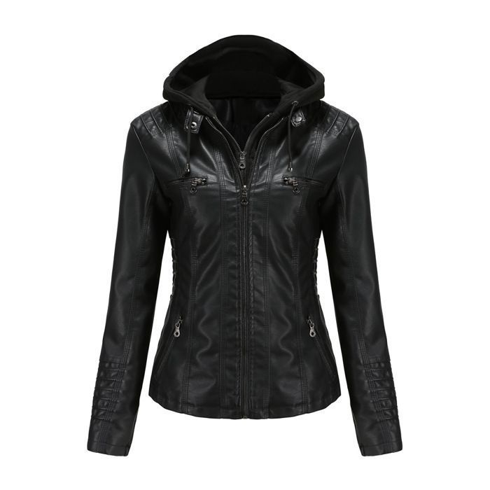 Veste en cuir pour femmes Funmoon Slim avec capuche amovible et