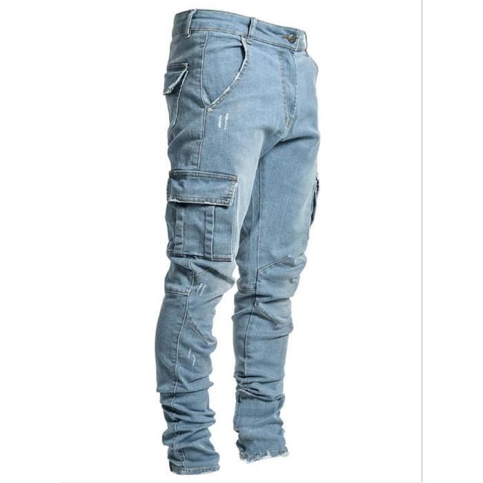 Pantalon Cargo Homme Bleu en Jean Multi Poches Serré Casual