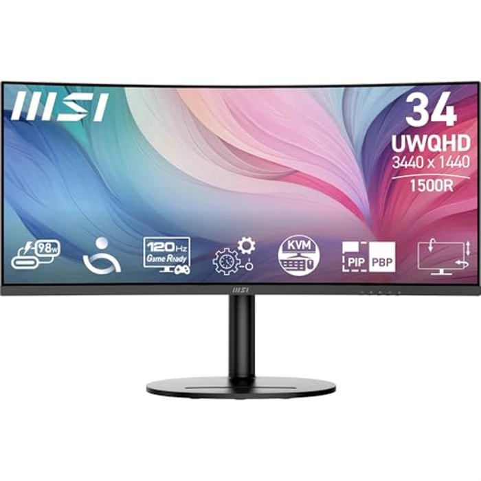 MSI Modern MD342CQP Écran PC 34'' UWQHD incurvé Dalle VA 3440 x 1440 KVM PIPPBP Large Gamme de Couleurs Confort des Yeux Haut parleurs intégrés réglable sur 3 Axes HDMI 2.0b DP 1.