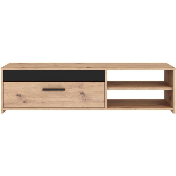 Meuble TV PILVI - Style contemporain - Décor Chêne - 1 Abattant + 2 niches - L 120 x P 42 x H 32 cm