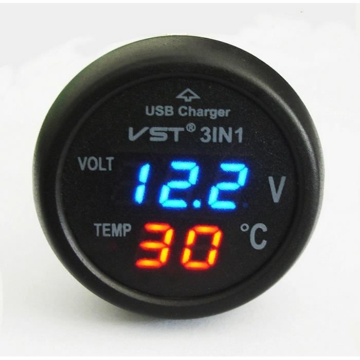 QUMOX Voltmètre Allume-cigare Thermomètre Chargeur USB LED Auto 12-24V