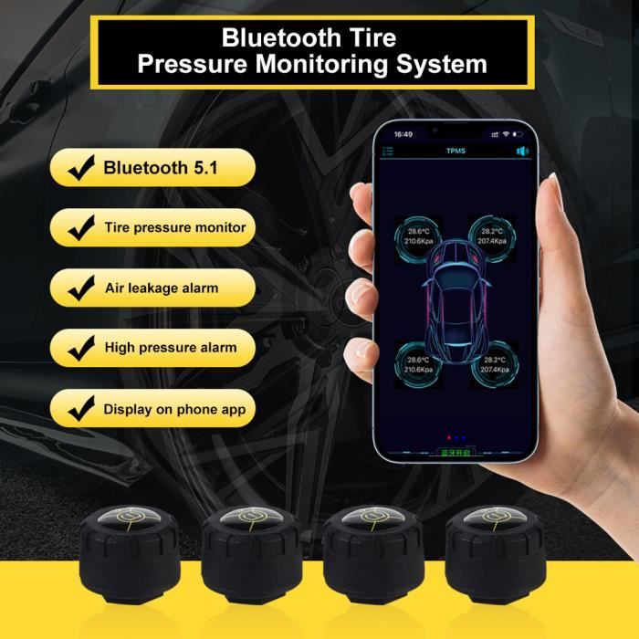 Capteurs de pression des pneus Bluetooth 5.1, moniteur des pneus TPMS avec 4 capteur externe pour voiture et moto Android-IOS
