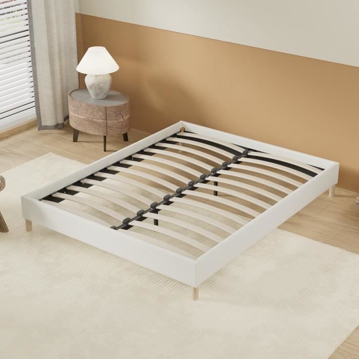 Lit Avec Tête De Lit Capitonnée Et Sommier Intégré - 120x190 Cm - Blanc Simili - Stable Avec Traverses Renforcées