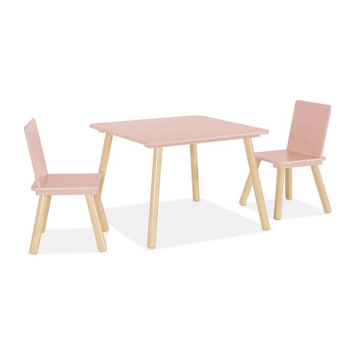 Table carrée enfant avec 2 chaises. pieds en pin. rose