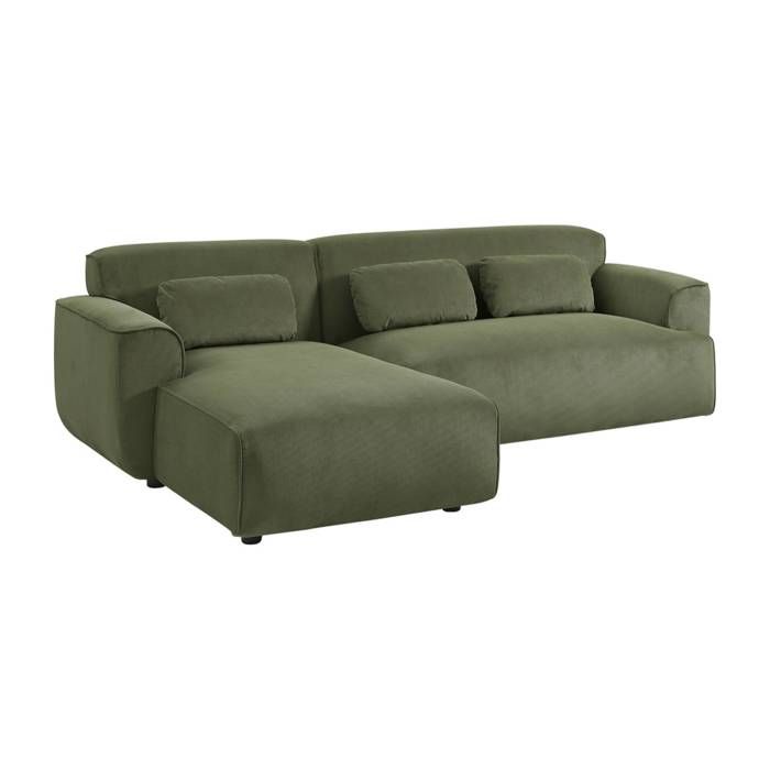 Canapé dangle gauche. 2 à 3 places. velours côtelé vert. Wallas L 196 x P 151 / 91 / x H 73cm