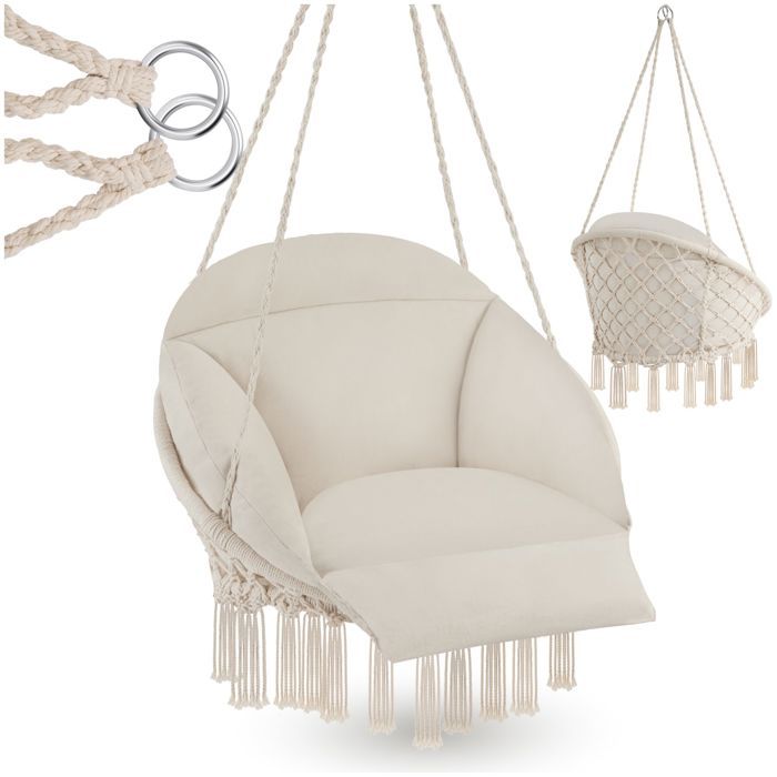 Fauteuil suspendu - TECTAKE - Siège suspendu SAMIRA avec cordes coussins pompons et maintiens solides 80 x 81 x 139 cm - Beige