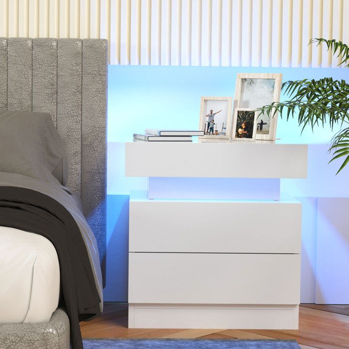 Table de chevet Haute Brillance avec LED Lumières Armoire Commode 2 Tiroirs Table de Nuit Meuble de chambre 45 x 35 x 52 cm