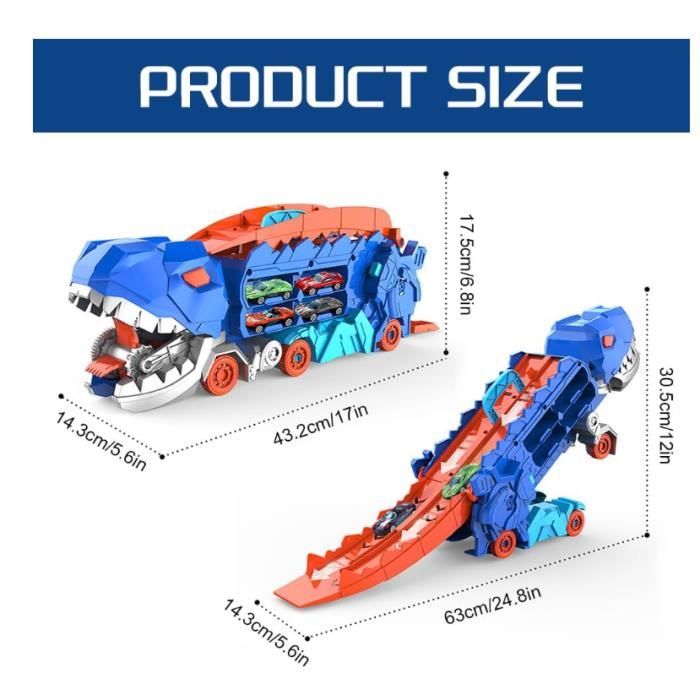 DeAO – Camion De Transport Dinosaure – 8 Voitures De Course Métal – Pliable – Cadeau 4-8 Ans – Jaune