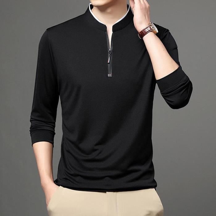 Polo Col Fermeture clair Homme T shirt Manches Longues Couleur