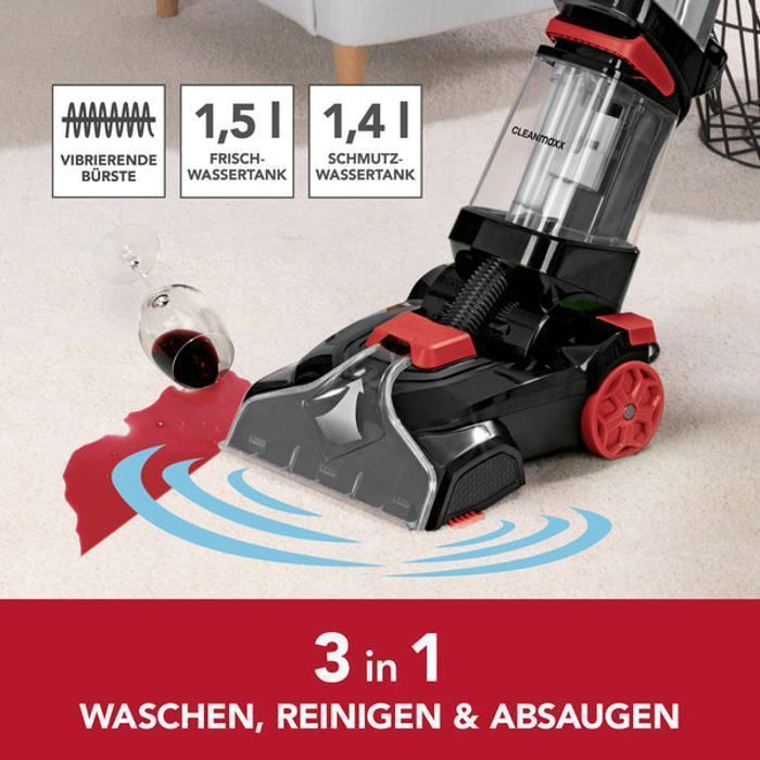 Nettoyeur Tapis CLEANmaxx 3 En 1 - Lavage, Nettoyage, Aspiration - Brosses Vibrantes Pour Tapis Et Sols Durs