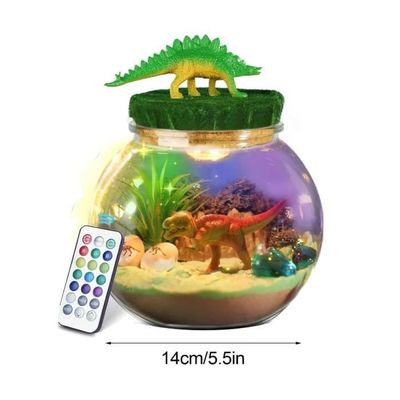 LOMUG Kit Terrarium Dinosaure DIY - Bocal En Verre Avec 6 Miniatures, Sable Magique, Mousse Et Veilleuse LED 13 Couleurs Télécommandée - Cadeau Créatif Dès 3 Ans