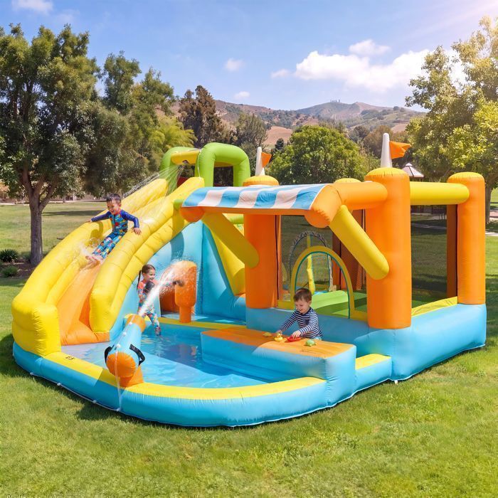 Château Gonflable LEADZM Thème Requin 380x260x240 Cm – Trampoline, Toboggan, Piscine, Panier Basket, Souffleur 550W Inclus, 3 Enfants