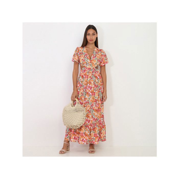Robe longue Marque Blanc Fleurs orange Decoupes Dos nu Blanc Cdiscount Pret a Porter
