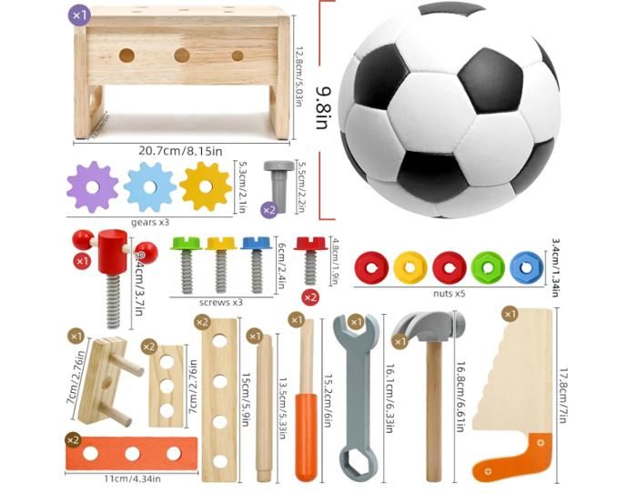 XUNIVERS Boîte à Outils Bois 34 Pièces - DIY Jouet Éducatif - Marteau, Clé, Scie - Cadeau Garçon Fille 3-7 Ans