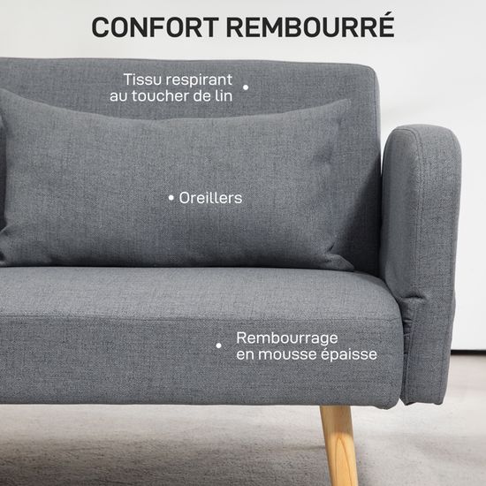 Canapé Convertible 3 Places HOMCOM - Velours, Dossier Réglable, Pieds Métal, Charge 300kg, Gris