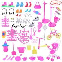 Accessoires pour Poupée Barbie - 98pcs - Bijoux, Chaussures, Vélo - Rose - Pour Enfant de 3 ans et plus