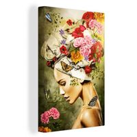 MuchoWow - Tableau sur Toile - Portrait - 60x90 cm - Femme Fleurs Couleurs Papillons s Foulard - Rose