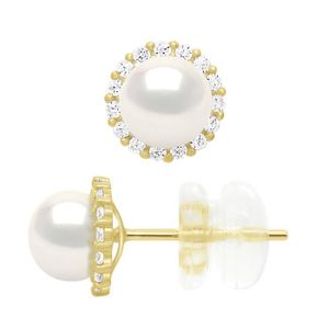Boucle d'oreille Boucles D'Oreilles Puces - véritables Perles De Culture d'Eau Douce Rondes entourage en Oxydes de Zirconium - Or Jaune