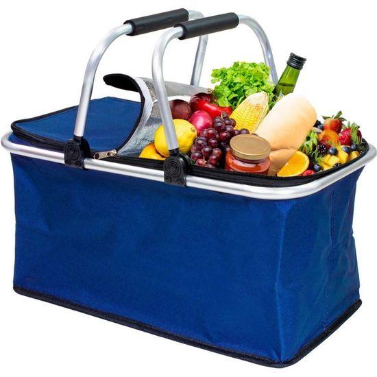 Panier Isotherme 47L Pliable - Panier Pique-Nique Avec Cadre Aluminium & Fermeture Éclair - Noir