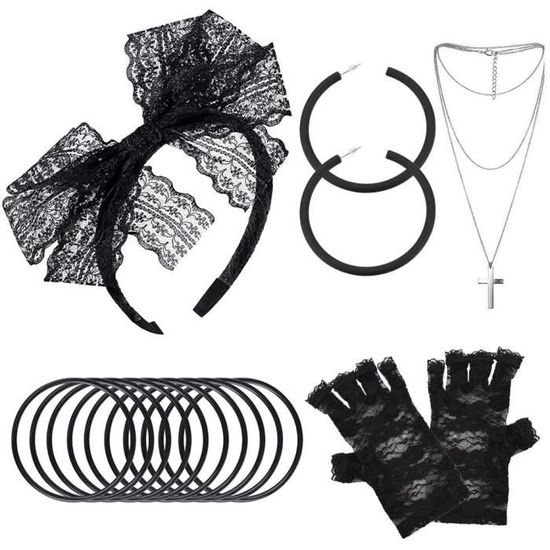Costume de Fête des Années 80 Pour femme-Accessoires de Madonna-Bandeau en Dentelle Boucles d'Oreilles Filet Collier Bracelet