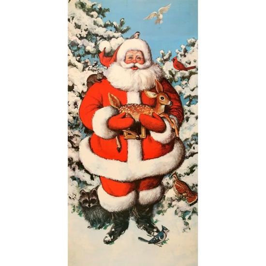 Poster Affiche Gros Pere Noel Faon Arbre De Noel Vintage Retro Santa Claus 31cm x 63cm