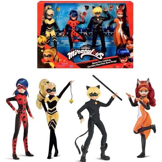 Pack de 4 poupées Miraculous 26cm - Ladybug, Chat Noir, Rena Rouge & Queen Bee - BANDAI