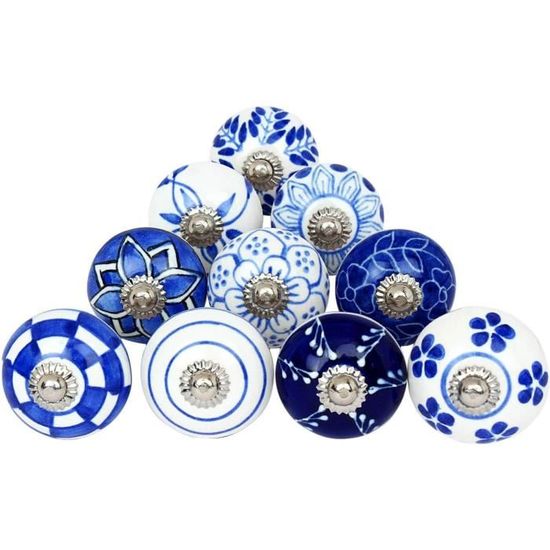 Lot De 10 Boutons En Céramique, Bleu Et Blanc, Pour Armoire De Salle De