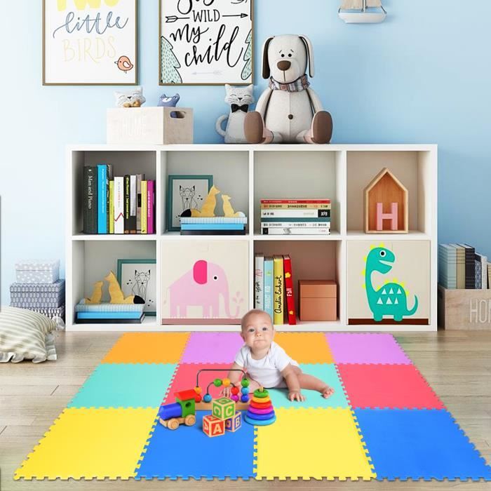 COSTWAY Tapis Mousse pour Puzzle, 12 Pièces Multicolores de 61 x 61CM, Tapis de Jeu Résistants, Idéal pour Chambre d’Enfant