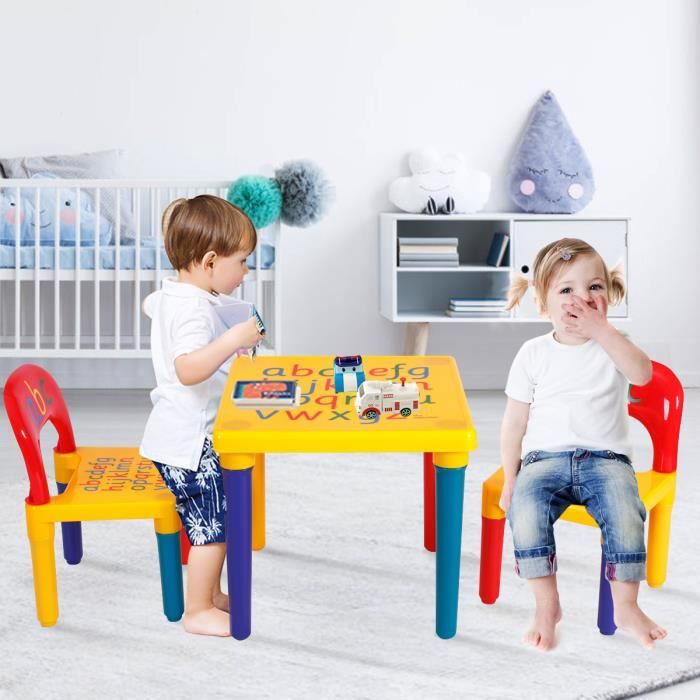 DREAMADE Table et 2 Chaises pour Enfants en Plastique avec Alphabet Ensemble Table et Chaises Multifonctions Colorées