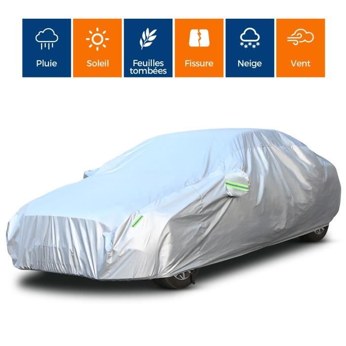 Bache voiture 530x 200x 150cm Housse de véhicule universelle Housse Voiture Étanche anti-rayures avec 6 Bandes fluorescentes-Blanc