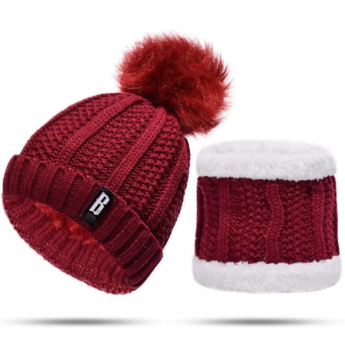 Bonnet tricoté pour femmes et écharpe cercle doublé laine épais tricot casquette Rouge foncé